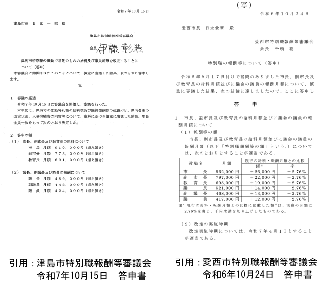 愛西市の特別職報酬は津島市より高い（議員を除く）